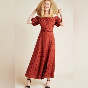 Anthropologie Maeve Lucienne Off The Shoulder Belted Polka Dot Maxi Dress